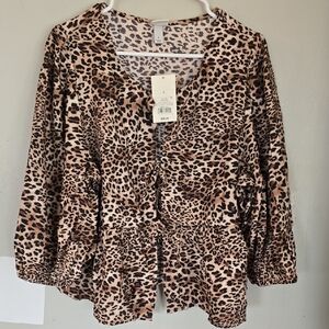 A New Day 3/4 Sleeve Tie Front Blouse - Leopard Print